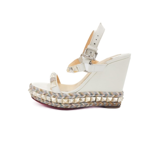 Christian Louboutin White Leather Gold Studded Espadrille Platform Sandals EU 36 - Picture 3 of 8